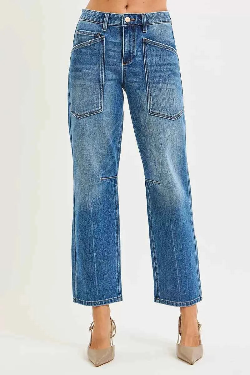 RISEN 4 Way Stretch Mid Rise Barrel Jeans with Patch Pocket Detail c312d252e33b442cb70f7668b3126b03-Max-Origin