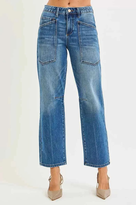 RISEN 4 Way Stretch Mid Rise Barrel Jeans with Patch Pocket Detail c312d252e33b442cb70f7668b3126b03-Max-Origin
