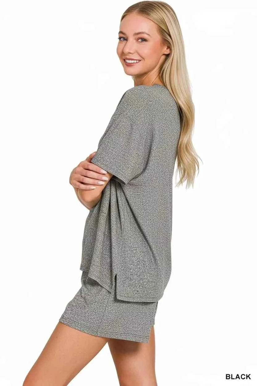 Zenana Soft Melange Short Sleeve Tee and Shorts Set c317ee22-0b01-417e-a1a2-4b2ea37e10be-Max-Origin