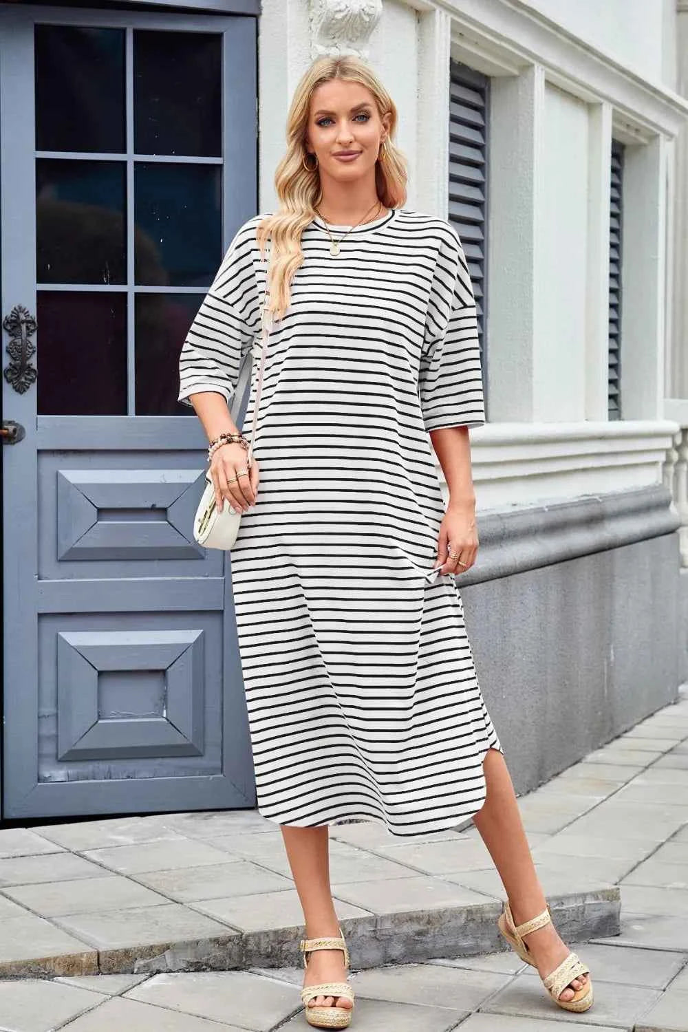 Lovelet Contrast Striped Half Sleeve Midi Tee Dress c3180436-c71a-4502-90b7-d132a40f390c-Max
