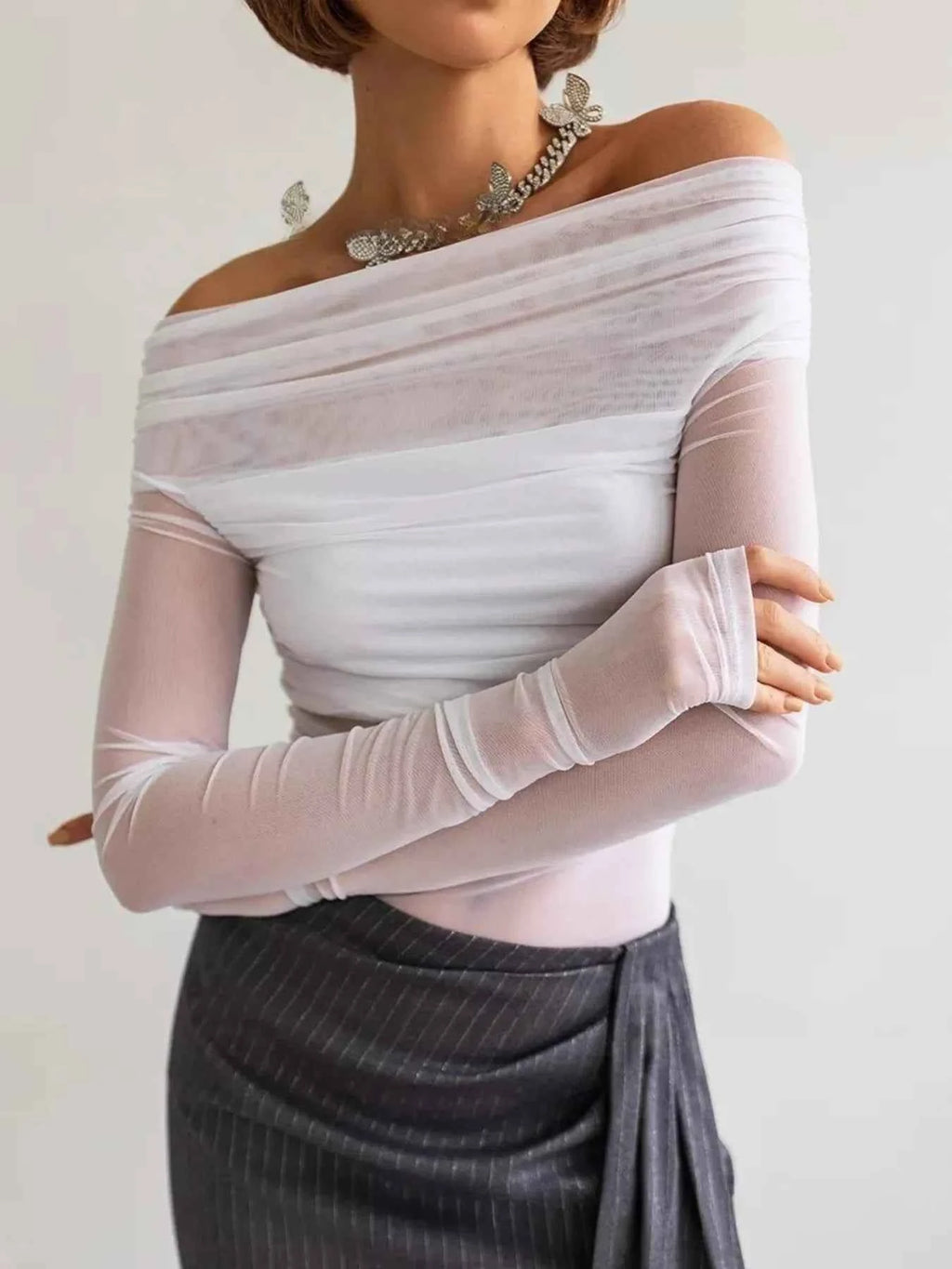 Off-Shoulder Long Sleeve Mesh Bodysuit White c318b0a98df34e99b2f2c5f88852abbd-Max-Origin