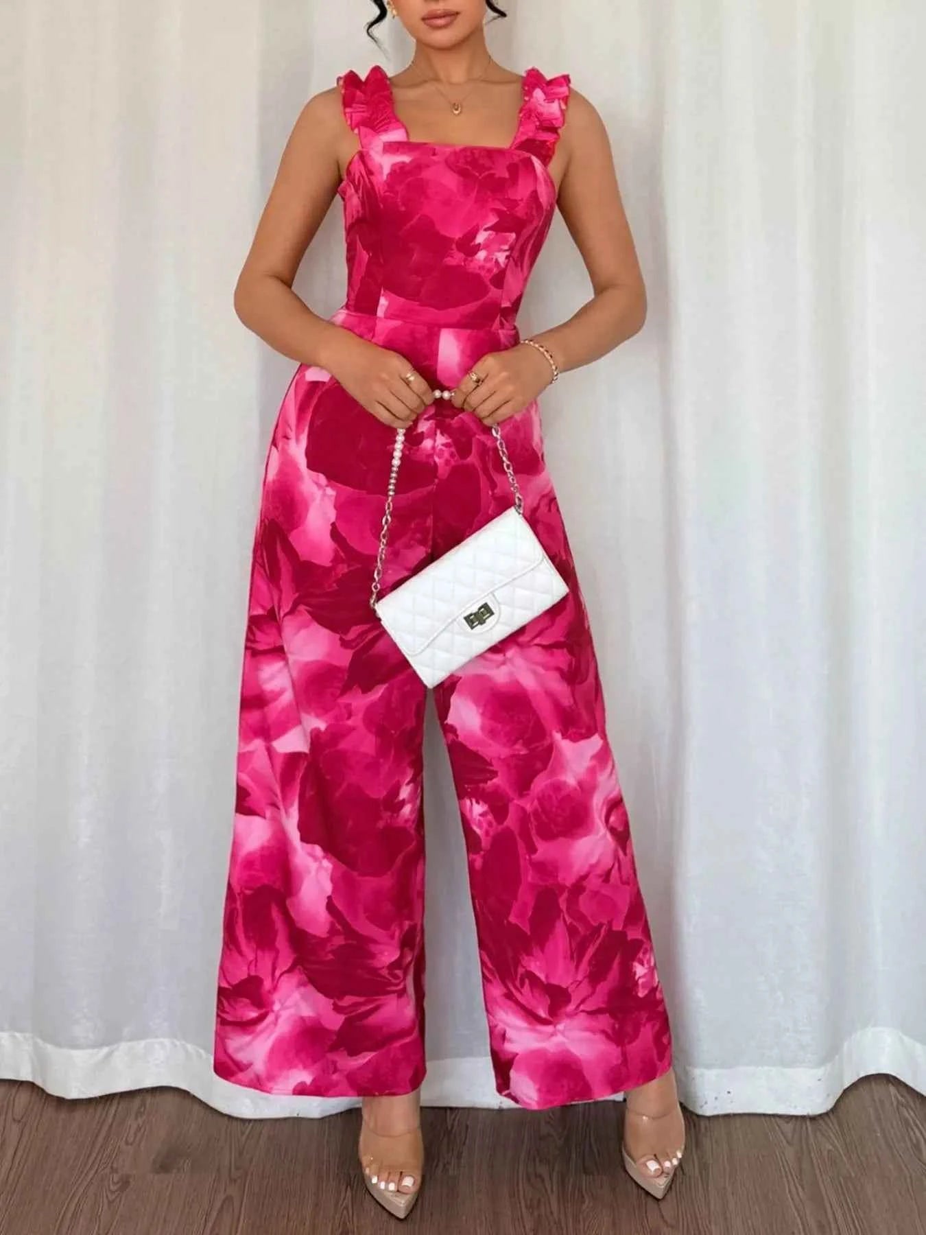 Floral Print Square Neck Wide Leg Jumpsuit Hot Pink c31b77d1-6bc5-4350-b857-733b5167f1b2-Max-Origin
