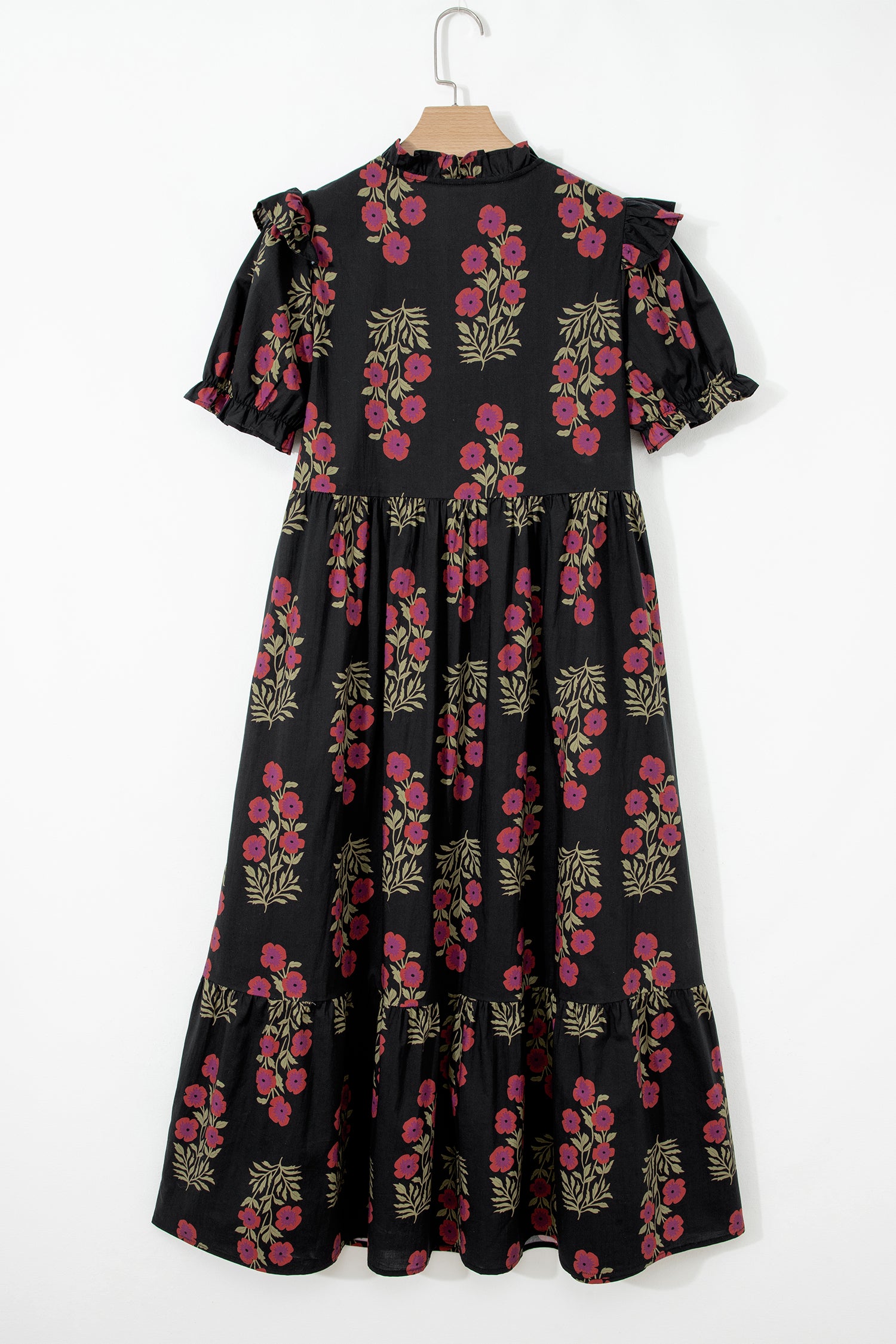 Black Floral Short Bubble Sleeve Tiered Maxi Dress c31dfe67bc356f2a