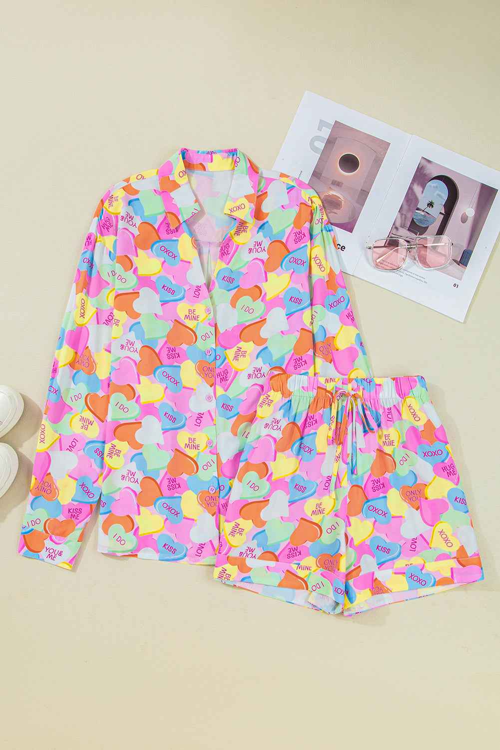 Pink Valentines Candy Heart V Neck Collared Tunic Shirt and Shorts 2pcs Pajama Set c3207593d985ca82