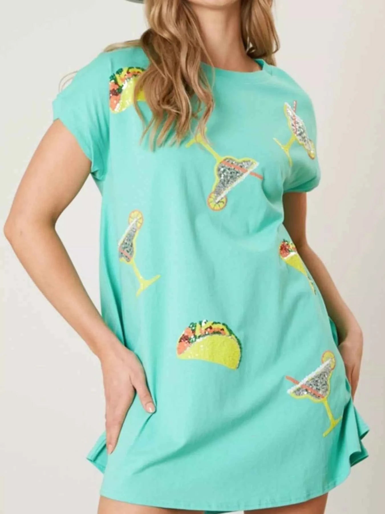 Sequin Short Sleeve Summer Tee Dress Green c322368e-f782-4be5-8b6c-c2c50794765a-Max-Origin