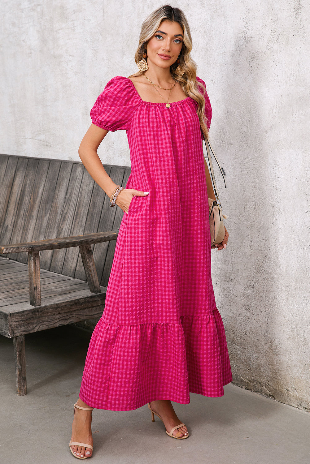 Rose Plaid Square Neck Puff Sleeve Maxi Dress c323381cbb2d1320