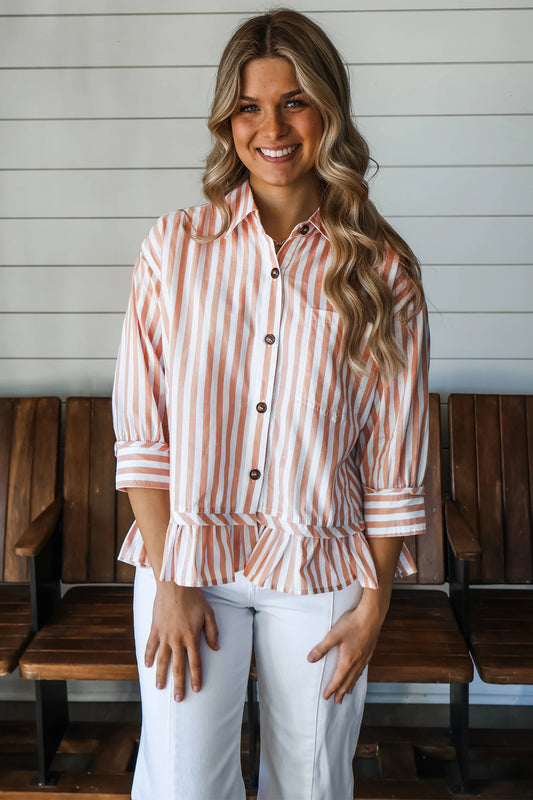 Khaki Stripe Collar Button Front Bracelet Sleeve Ruffle Hem Shirt c32435694d49aeeb