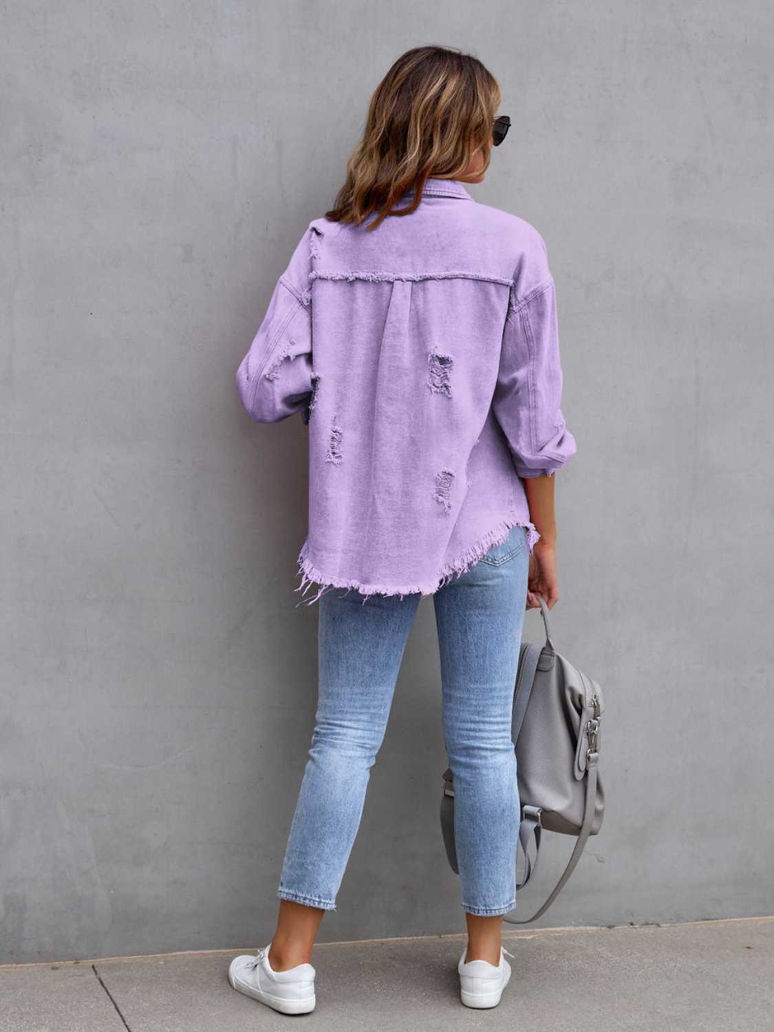 Distressed Drop Shoulder Denim Jacket c32462353a86498aa7fb870f63231177-Max