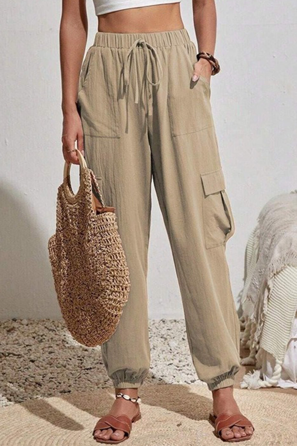 Pale Khaki Solid Color Pocket Cargo Pants c32641a0c39eca0e