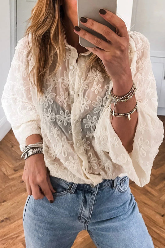 Beige Sheer Jacquard Floral Button-Down Long Sleeve Shirt Beige 100%Polyester c32a2bb6f4accd64