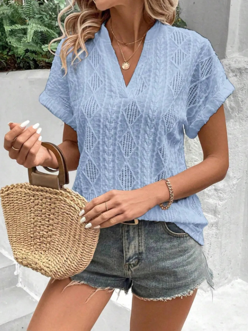 Openwork Notched Short Sleeve Blouse c32ce893-37c2-4262-af65-918475ff4e59-Max