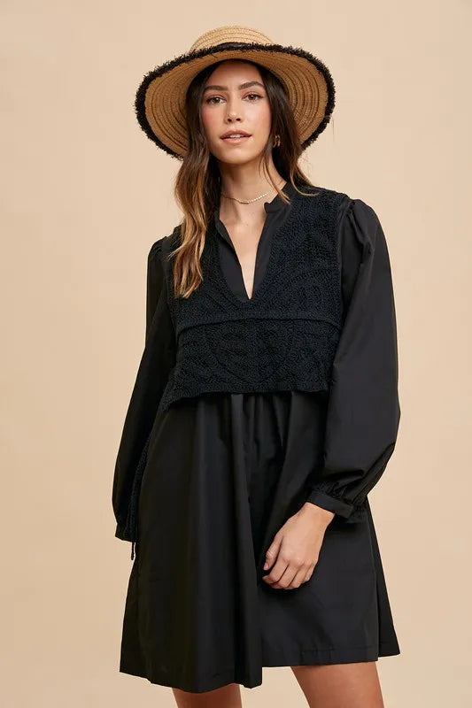 Annie Wear Crochet Vest Notched Long Sleeve Shirt Dress c33138c7-4d88-4ece-ac8b-242171adbcef-Max