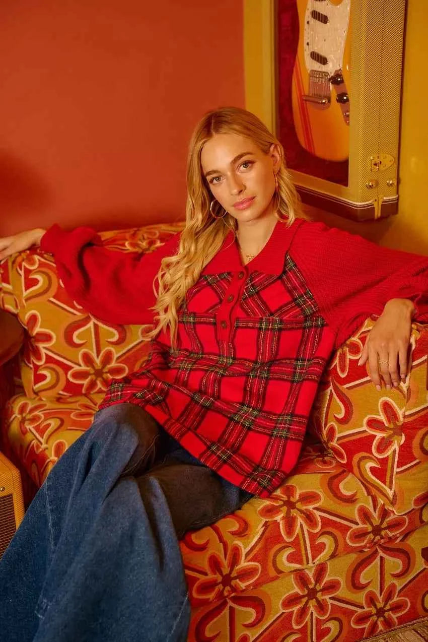 BiBi Plaid Buttoned Collared Top with Sweater Sleeve c333cec915a64af789408954cfd5e0cf-Max-Origin