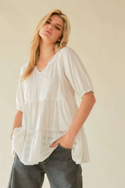 Ruffled Flared Short Sleeve V Neck Blouse c333e94472314c3cbffbbe7da627cbf1-Max-Origin