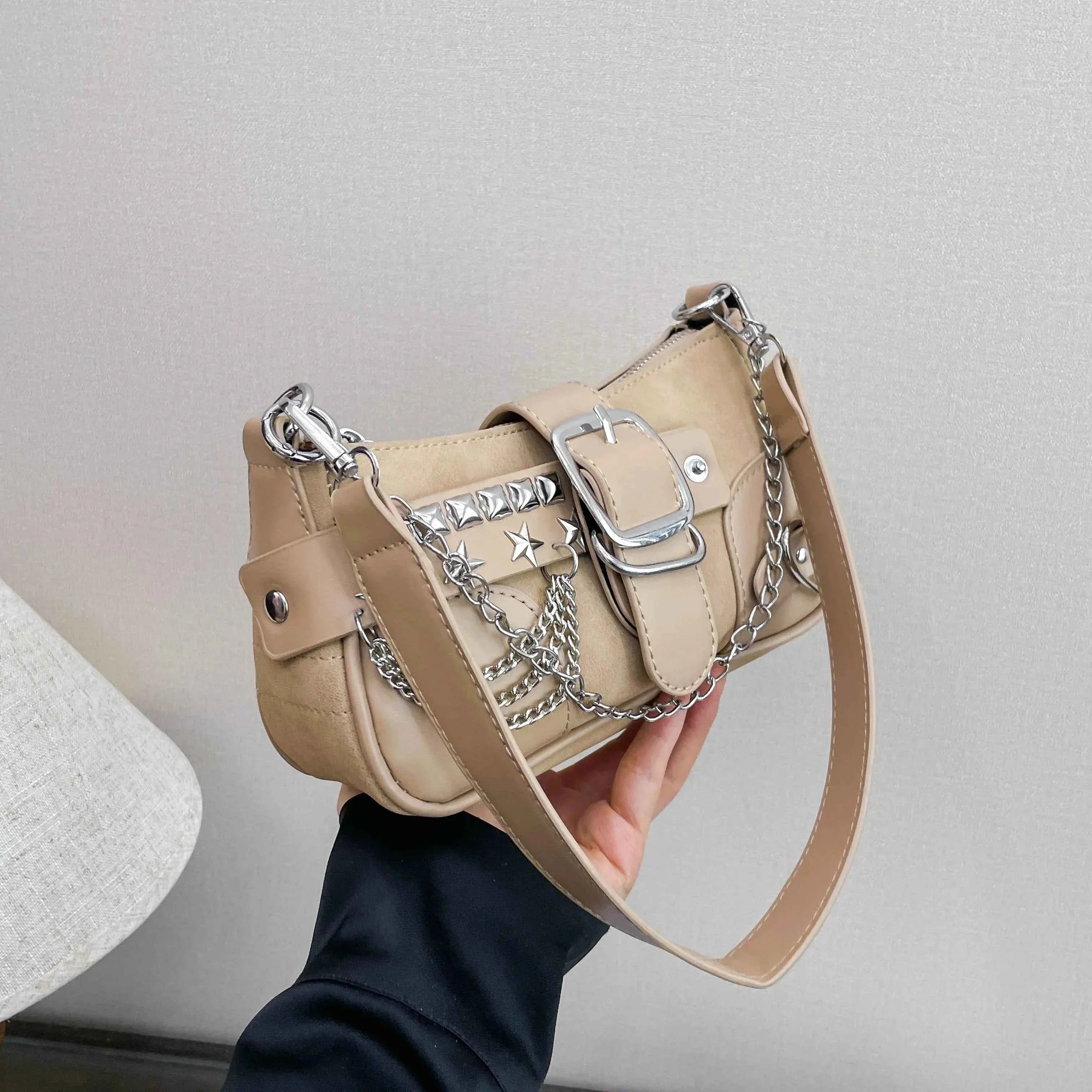 Buckle Detail Shoulder Bag with Star Embellishments Khaki onesize c3362f8164c84374a6f25fc6101c2ffa-Max-Origin