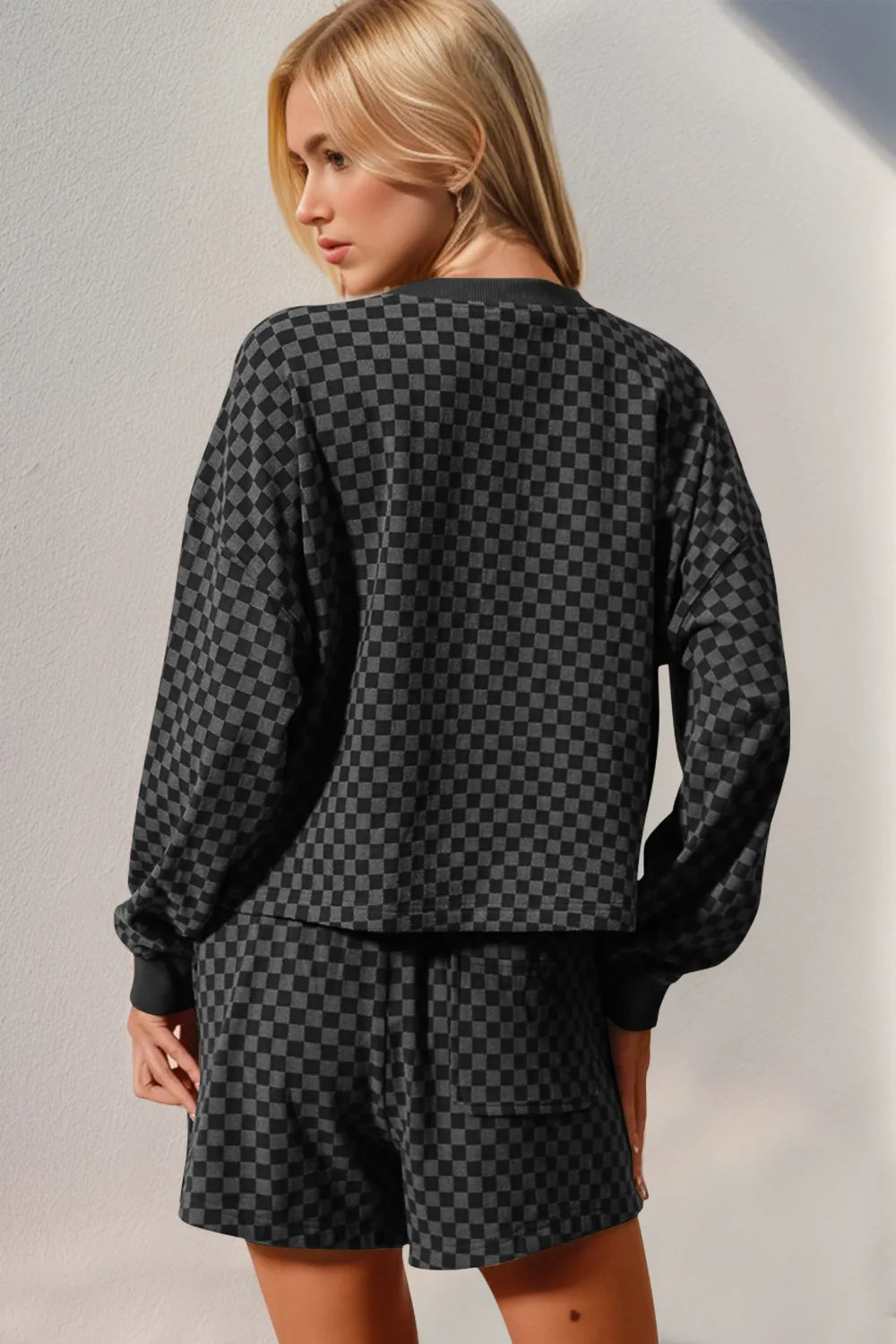 Double Take Checkered Half Button Top and Shorts Set c336e1bd-c824-4208-a4e8-f00edf2f84da-Max