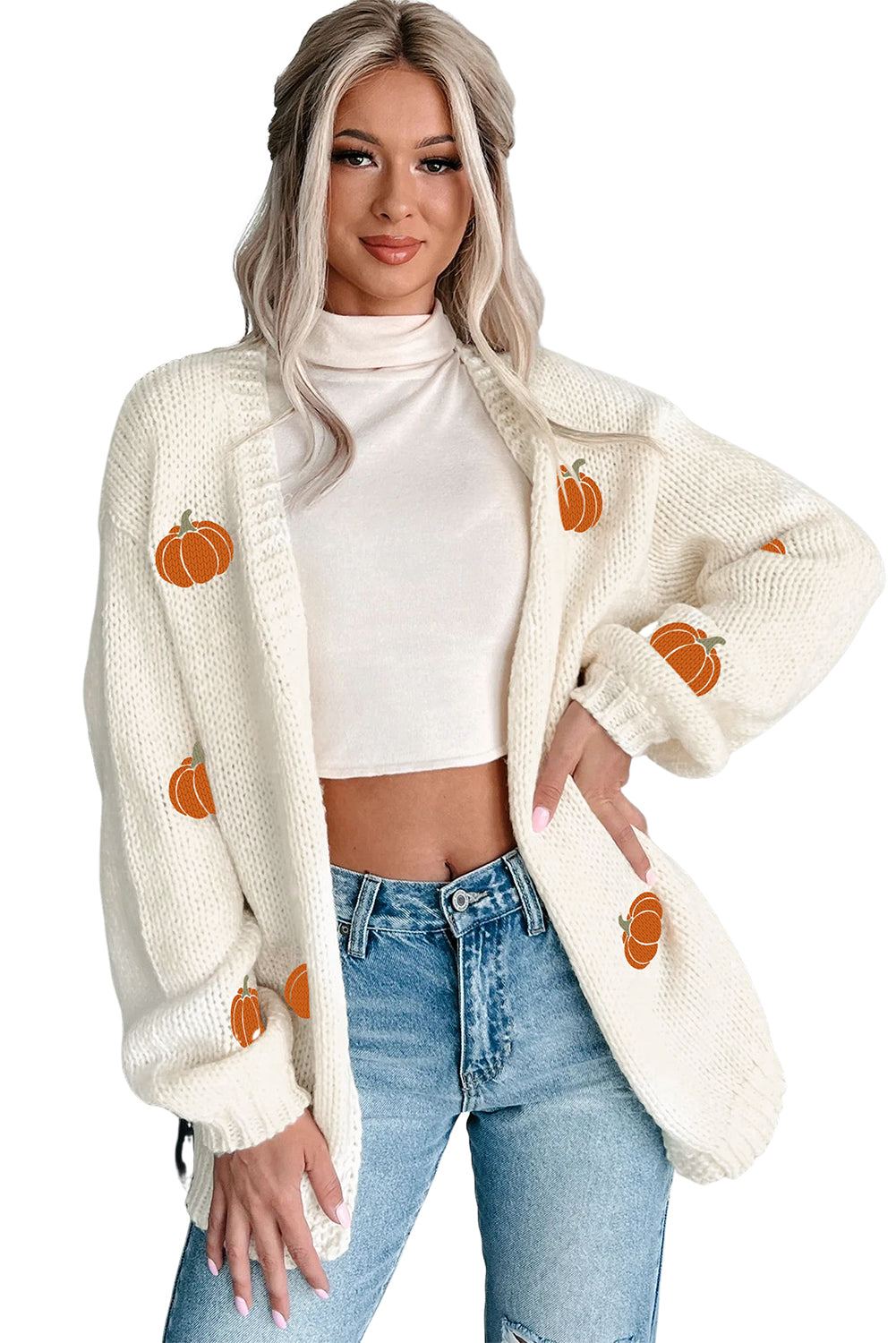 White Pumpkin Print Open Front Drop Shoulder Knit Cardigan c33aa37971d95bb2