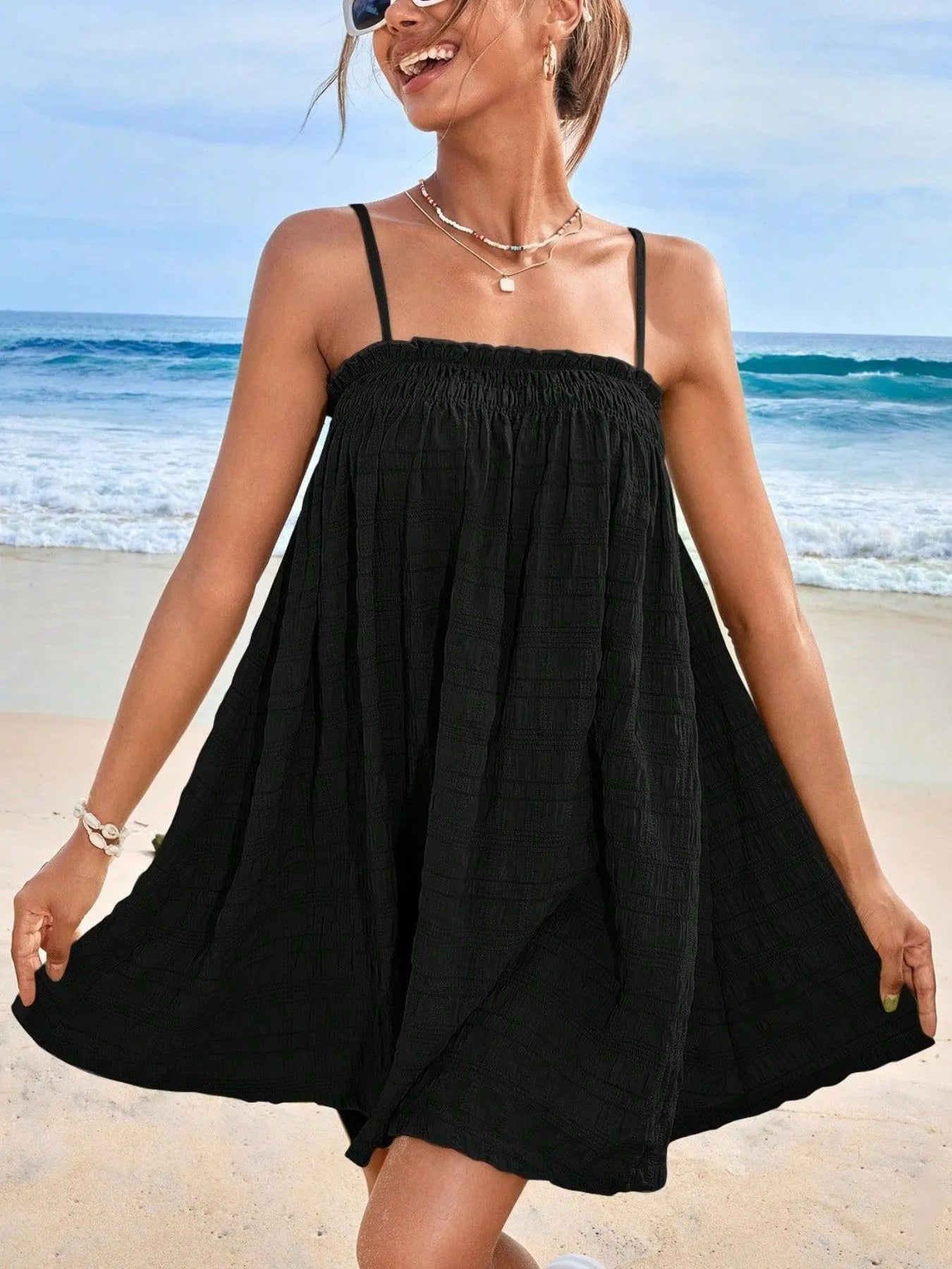 Frill Textured Mini Cami Dress Black c34192e9-5776-4cab-ab5f-080c77f8fd91-Max-Origin