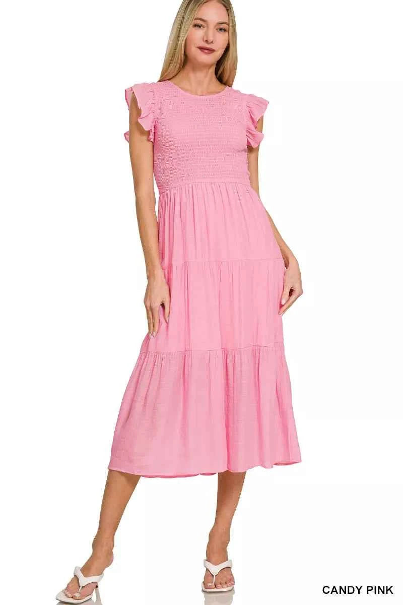 Zenana Woven Smocked Ruffle Sleeve Midi Dress CANDY PINK c342060a3fb04aafb77b57feac5cd793-Max-Origin
