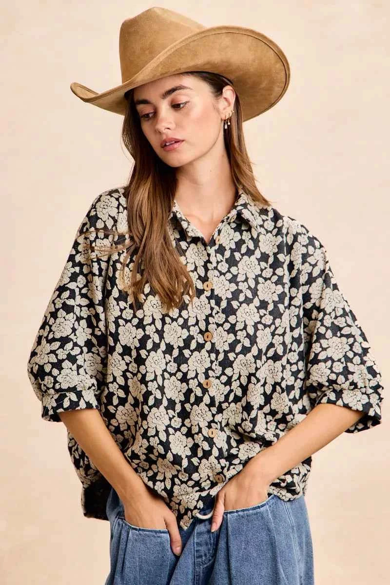 BiBi Floral Jacquard Short Dolman Sleeves Shirt c34dab15816b472cbaf829e7258f4e8e-Max-Origin