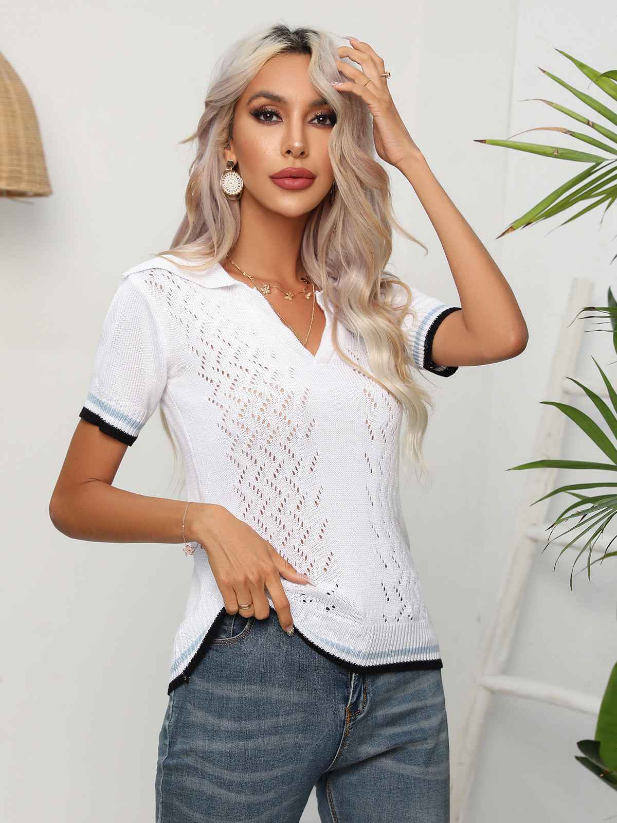 Johnny Collar Openwork Short Sleeve Knit Top c3501c1053734eddb0597b53e3ca5b75-Max
