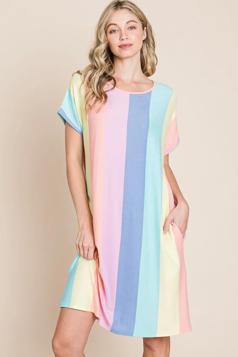 BOMBOM Striped Short Sleeve Dress with Pockets c35599ca-9bc5-4fd0-aa6b-0be49f0aa2a2-Max