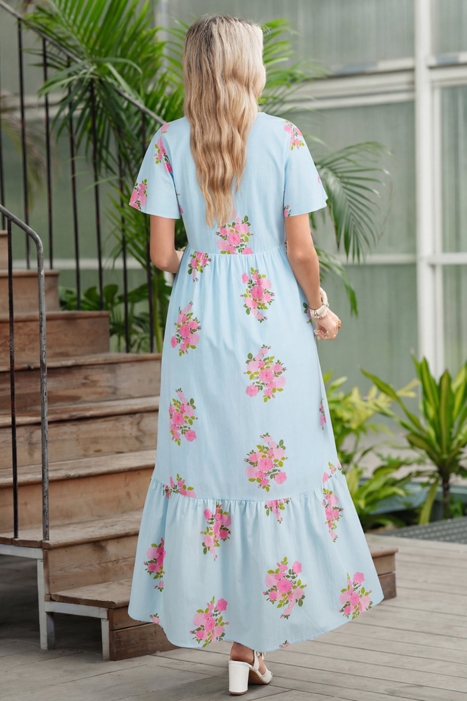 Sky Blue Notched Neck Flutter Short Sleeve Floral Print Maxi Dress c3567fe2fff880b9