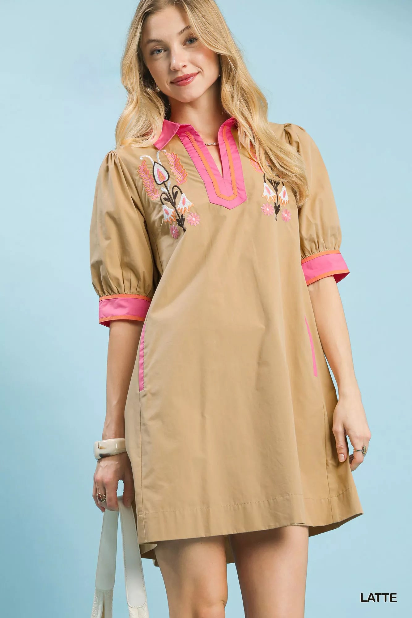 Umgee Embroidered Contrast Trim Tunic Dress LATTE c35883b2-d49c-41be-b614-887e43134462-Max-Origin