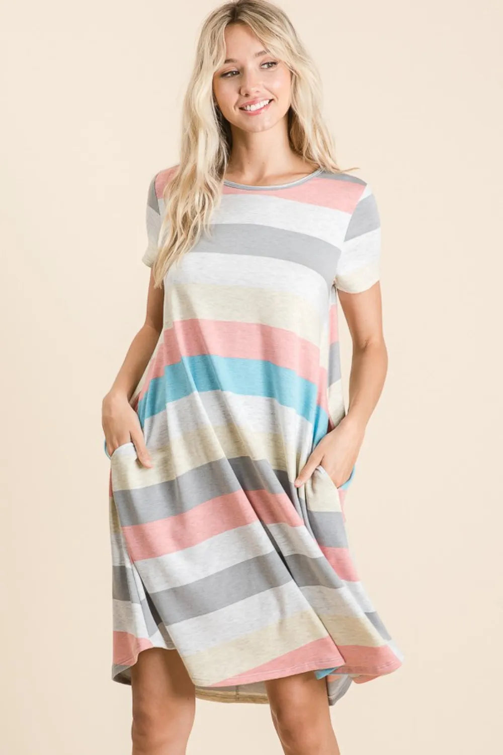 BOMBOM Striped Short Sleeve Dress with Pockets c358b6d3-7208-4d55-b9d7-008d8d516c15-Max