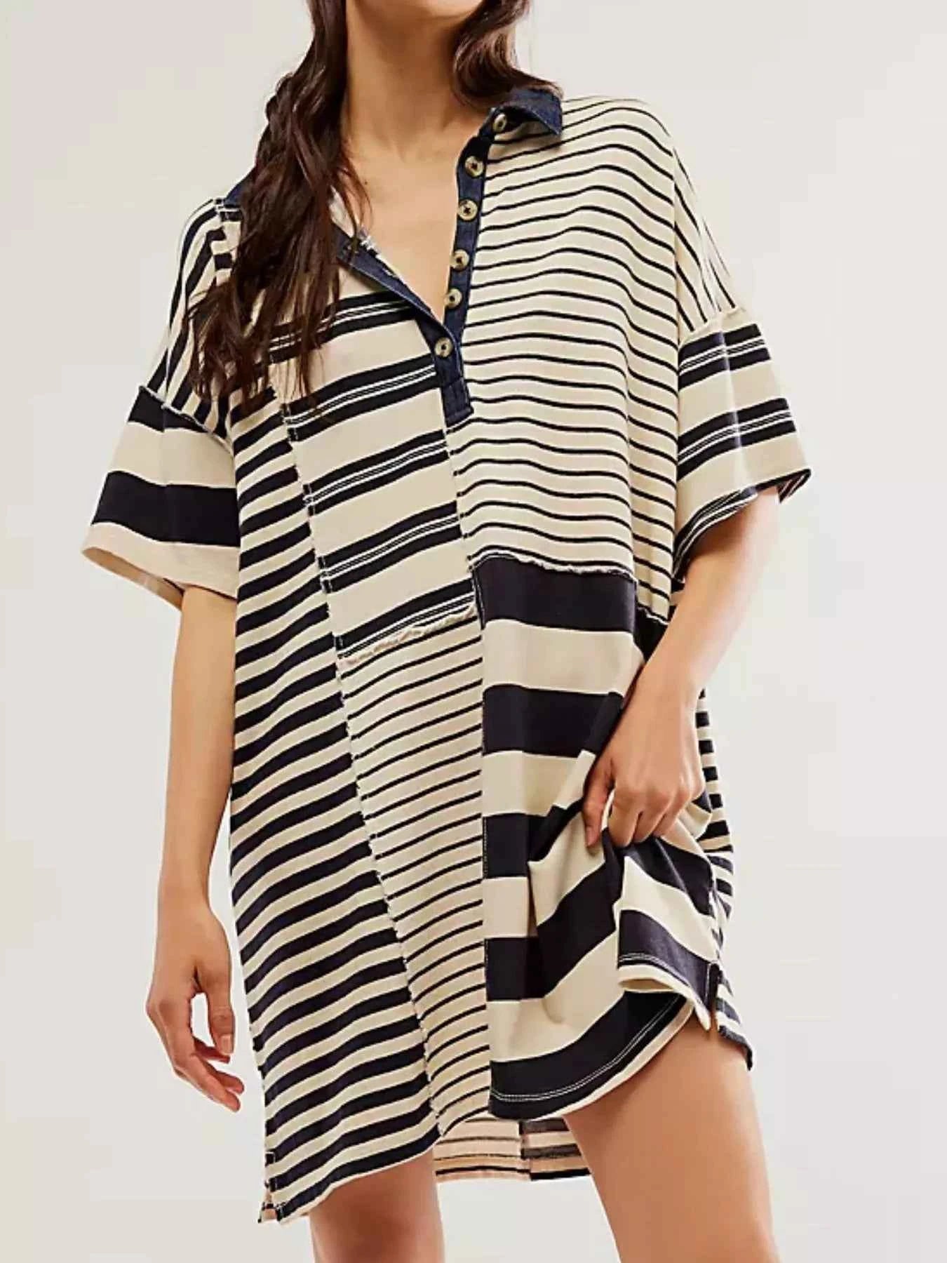 Striped Oversized Half Button Shirt Dress Black And White Stripes c35bae5a-aca7-43d4-9d55-052a0687aea0-Max-Origin