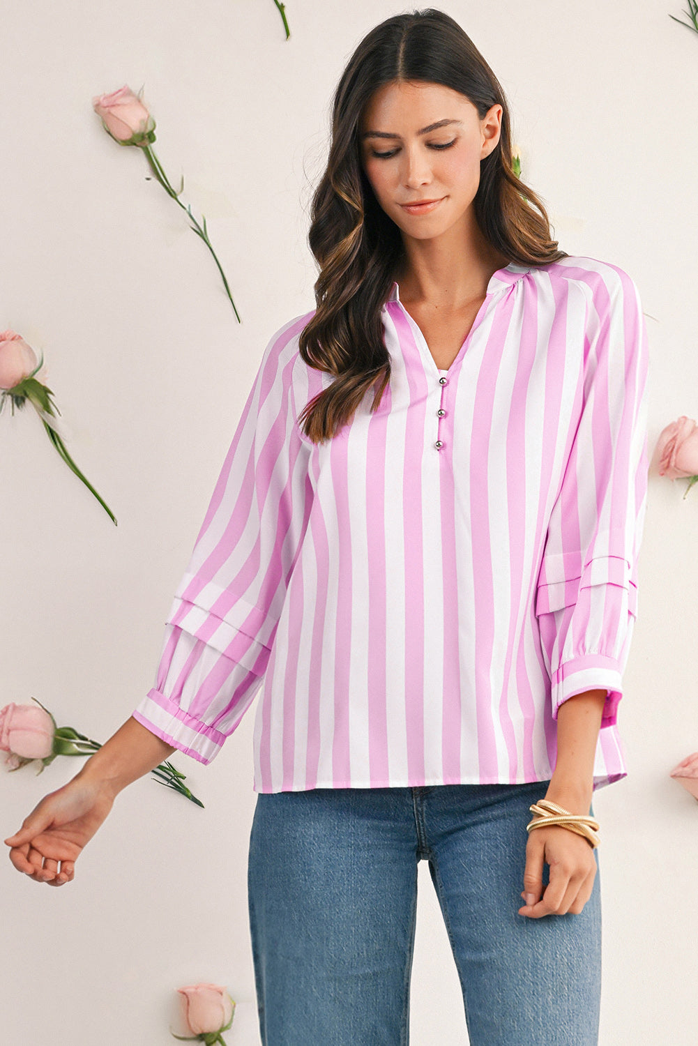 Rose Striped Button V Neck Raglan Sleeve Blouse c36612cb1cf0f41b
