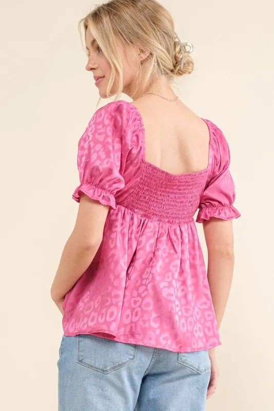 Satin Leopard V-Wired Puff Sleeve Babydoll Blouse c36c723822bc450285537564d1f3c016-Max-Origin