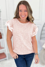 Light Pink Twilled Print Lace Trim Ruffled Short Sleeve Blouse c36f51f68caad9a1