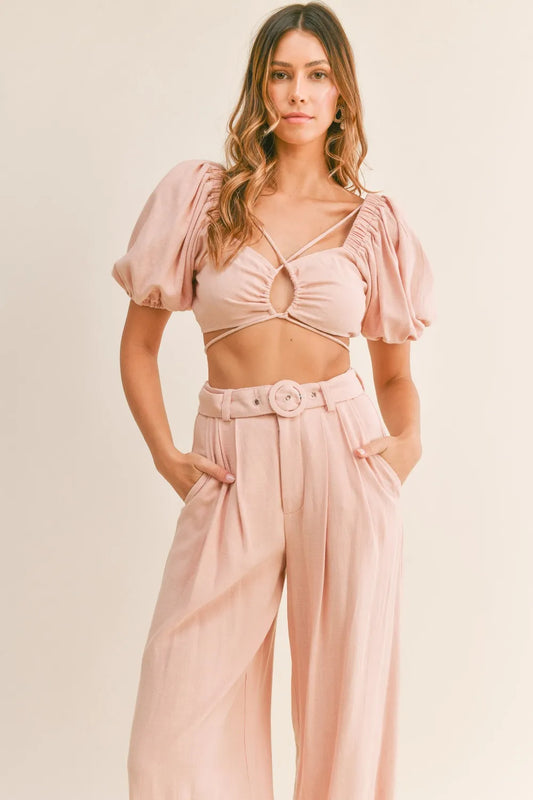 Cut Out Drawstring Crop Top and Belted Pants Set c3714d87-ac40-474d-b87c-b86ad7eebc0f-Max