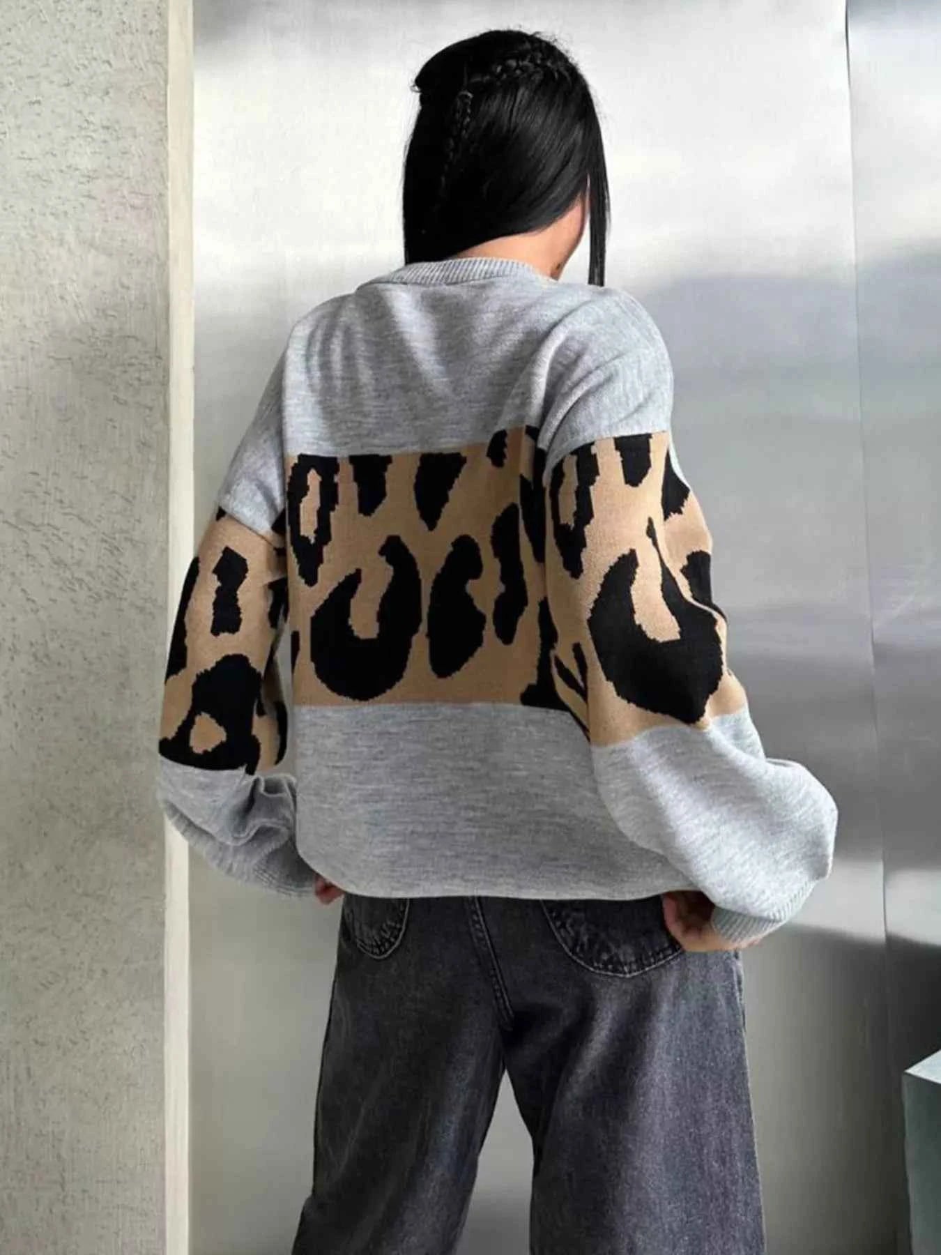 Leopard Color Block Round Neck Sweater c376b1cb9f7c41afbe704cff78b6e46d-Max-Origin