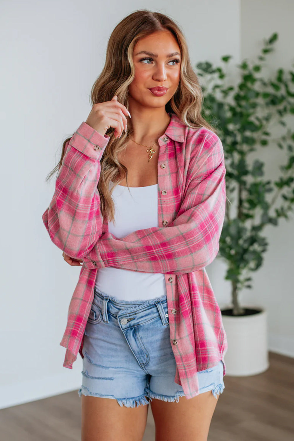 Sachet Pink Plaid Rounded Hem Long Sleeve Shirt c379b4b41b4fdb22