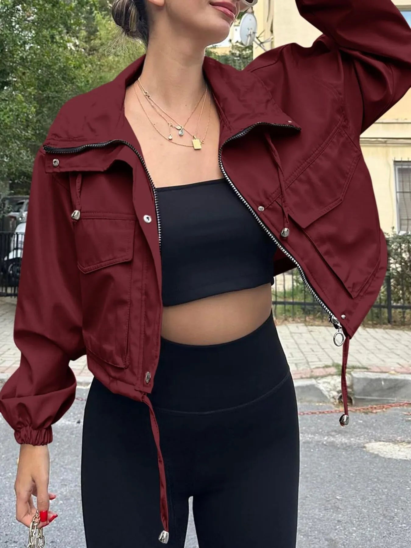 Drawstring Hem Zip Up Jacket Burgundy c382c2f836104039951c75fa3e4b001a-Max-Origin