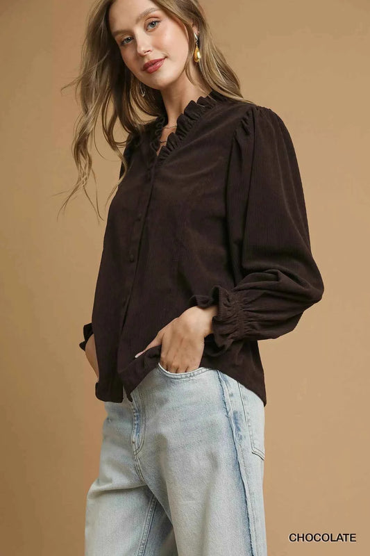 Corduroy Ruffle Shirt with Long Puff Sleeves c3835208-3d42-4b6a-9dc4-30ef3280d292-Max-Origin
