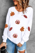 White Fall Leaf Bow Pumpkin Sequin Patched Baggy Sweatshirt White 50%Polyester+50%Cotton c3835e06b065bae0