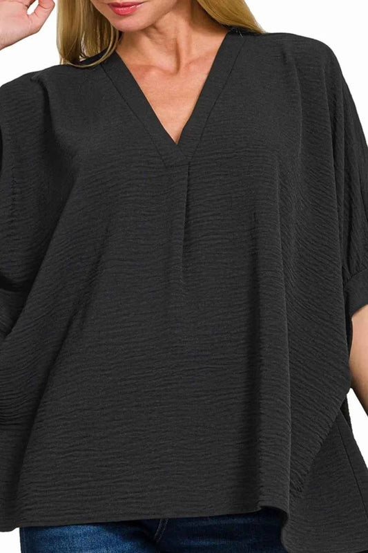 Woven Airflow V-neck Puff Half Sleeve Top c389282e-df10-4039-8833-7b759508dd17-Max-Origin
