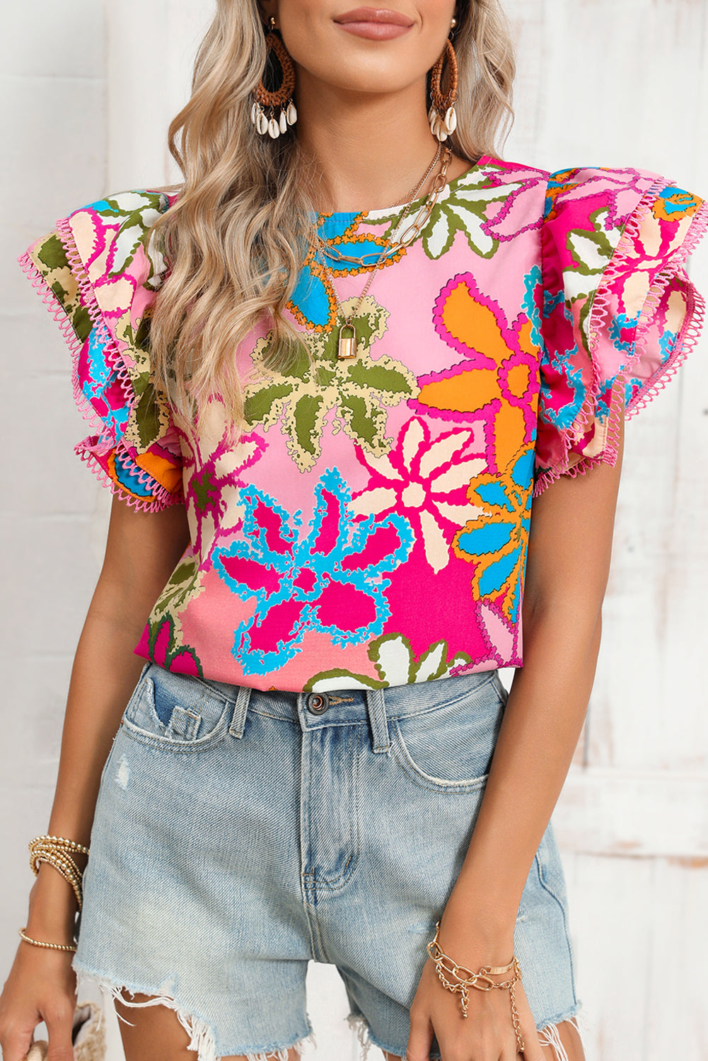 Multicolor Floral Print Boho Top Tiered Ruffle Sleeve Blouse Multicolor c38b3736c55ee81c