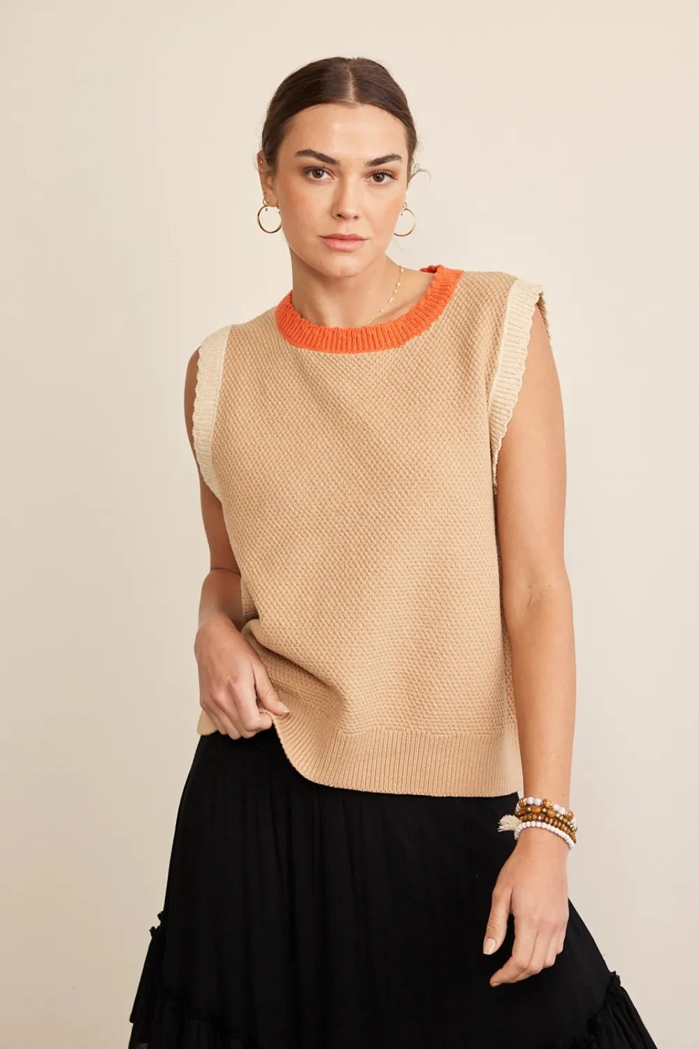 In February Contrast Round Neck Sweater Vest Taupe Multi c38c1e73-1bd0-4c87-b6c6-19e040091966-Max