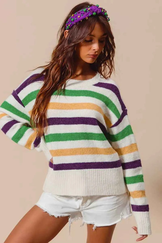 Mardi Gras Color Stripe Round Neck Sweater Top c38ce1f3af0b41e7b96bdc293a31edd5-Max-Origin