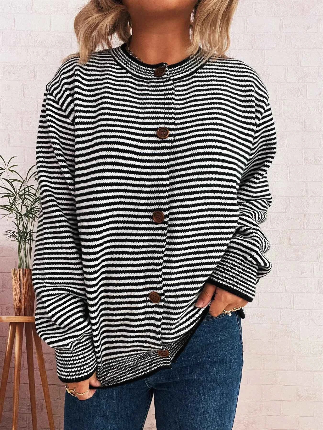 Striped Button Up Long Sleeve Cardigan Black One Size c3900a5a8fe147979f07317321e9e2d2-Max-Origin