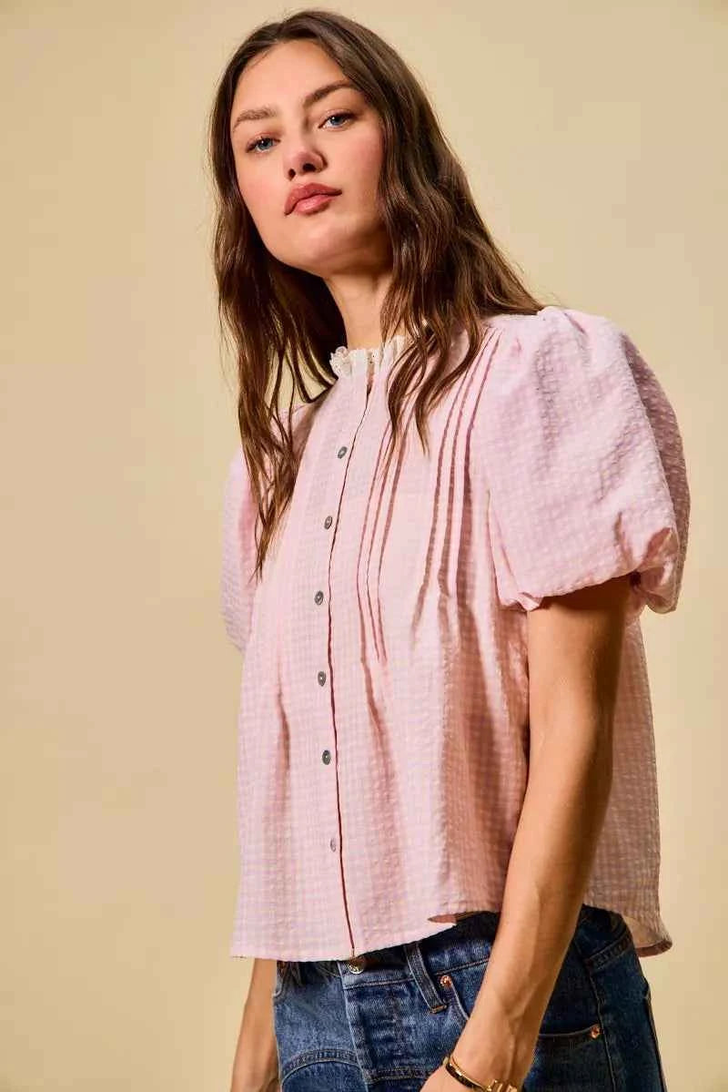 SO ME Gingham Lace Trim Button Bubble Sleeves Blouse c3940a5df74e46ef96127cf04b6a884f-Max-Origin