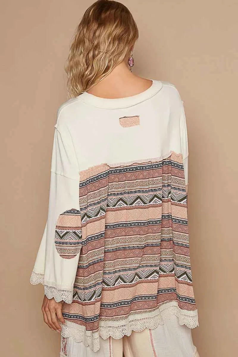 POL Bohemian Geometric Print Long Sleeve Top with Lace Trim c394f7ef-4f7b-41b4-ad3c-810bf70e2a05-Max-Origin