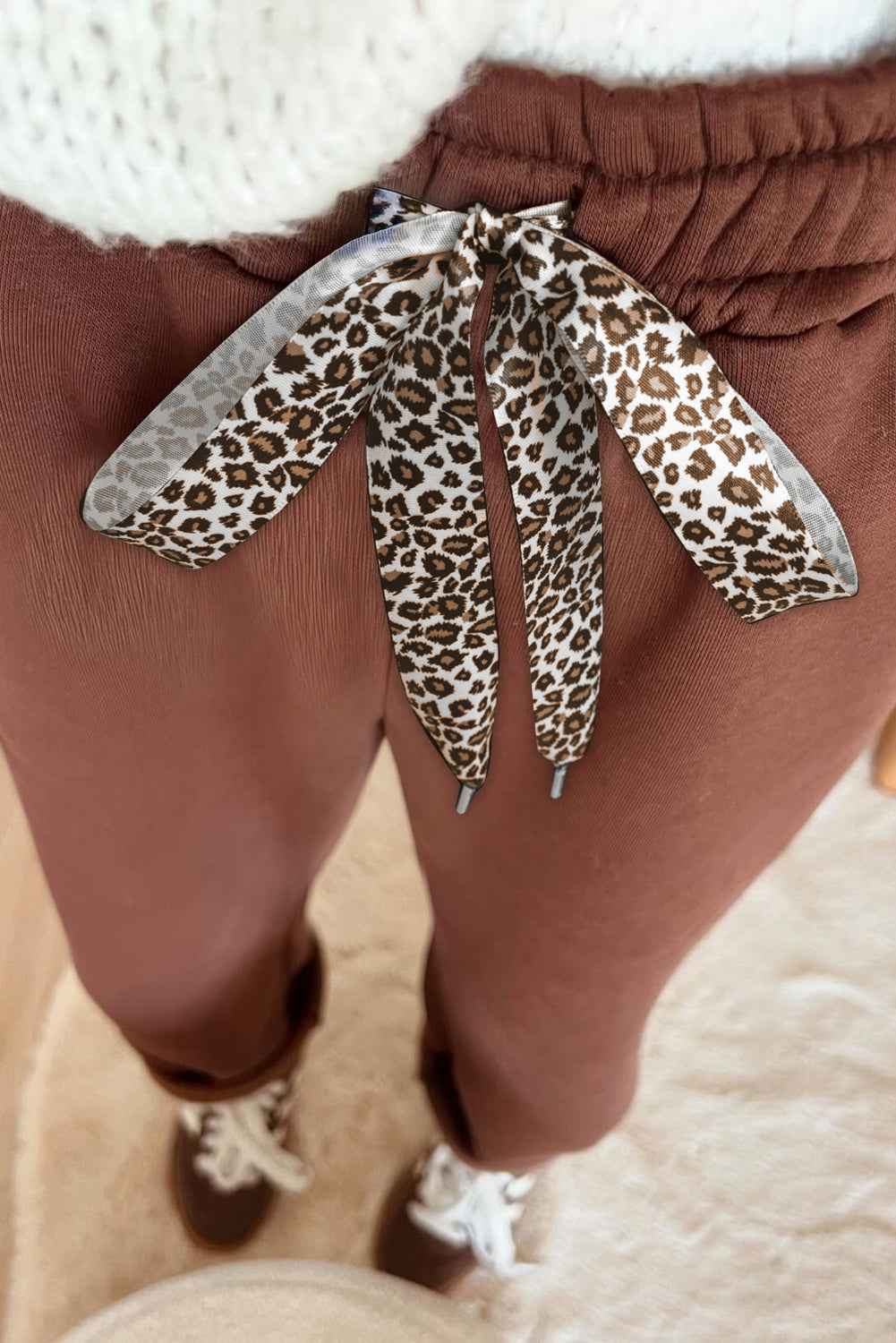 Oatmeal Fleece Lined Leopard Drawstring Elastic Waist Solid Pants c39506999d0375b3