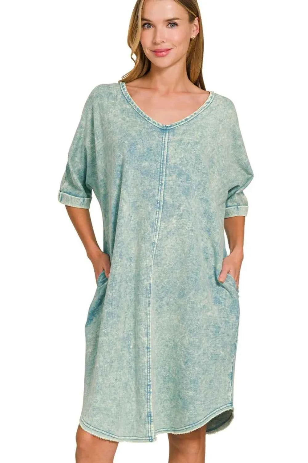 Zenana Acid-washed French Terry Tee Shirts Dress ASH BLUE c39a8f86-421c-4025-ac9b-e3722279dcfa-Max-Origin