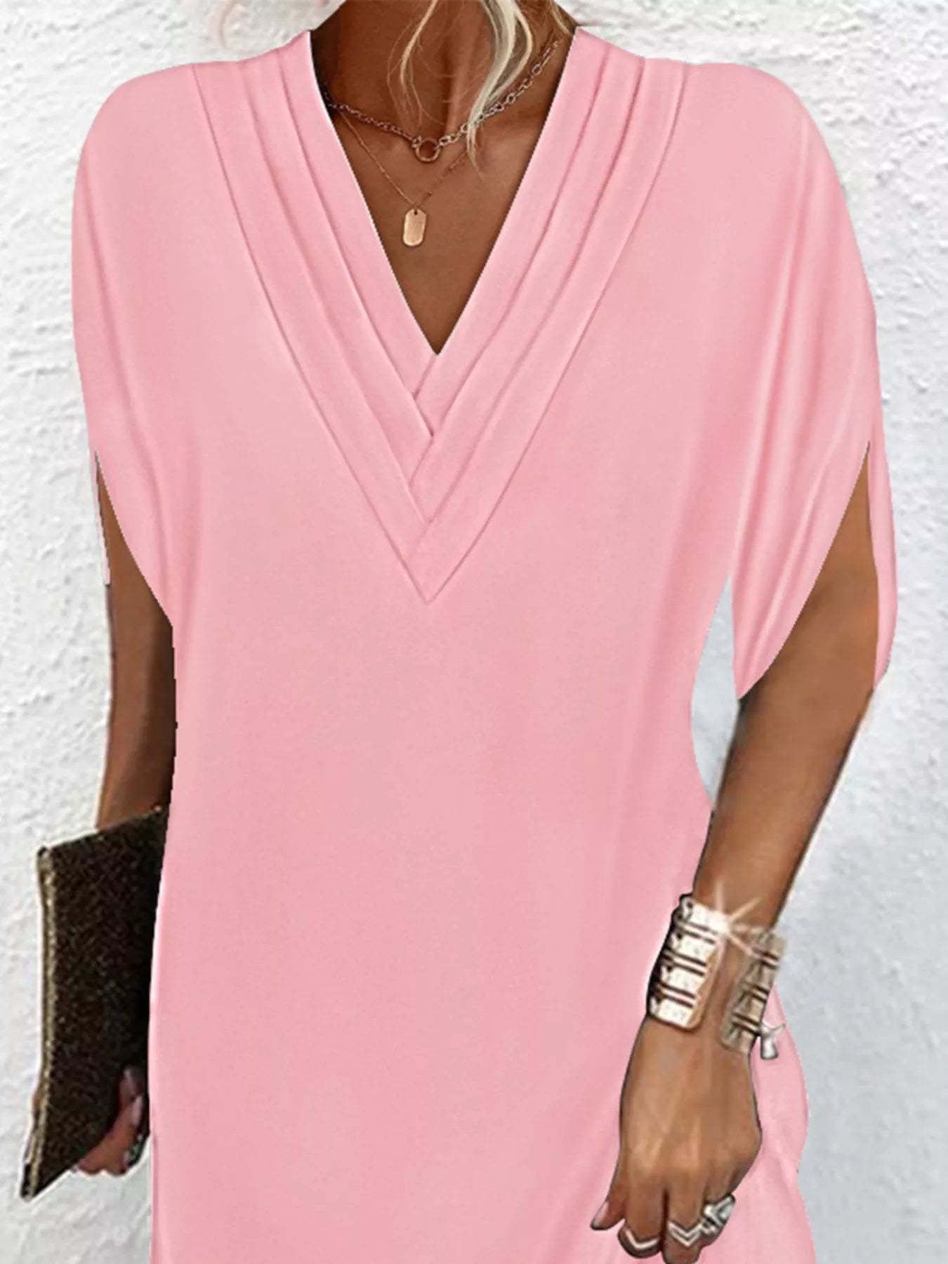 Full Size V-Neck Slit Sleeve Mini Dress Plus Size Pink c39b1622-f329-4ebb-8ee5-b94432390646-Max-Origin