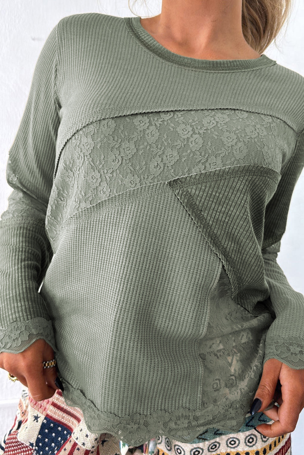Sage Green Solid Color Waffle Ribbed Lace Patchwork Long Sleeve Top c3a6c5cd0d9b47e6